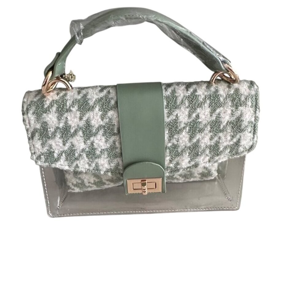 Houndstooth Handbag & Pouch Set - Green & White Pattern With Clear Accents